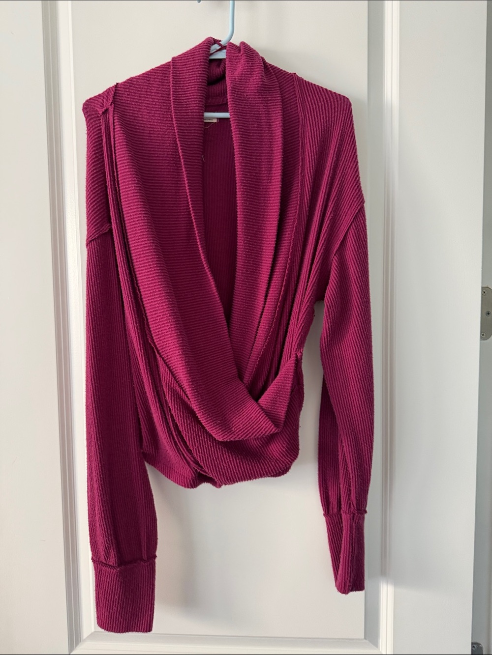 We The Free Draped Cowl-Neck Ribbed Sweater in Berry-Pink
